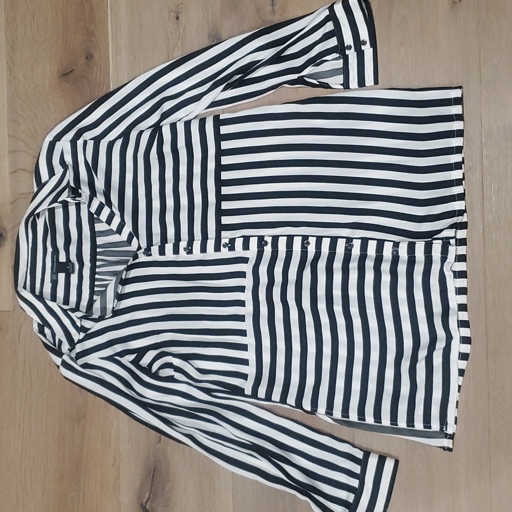 INC Women's Medium Black White Striped Button-down Collared Shirt Top